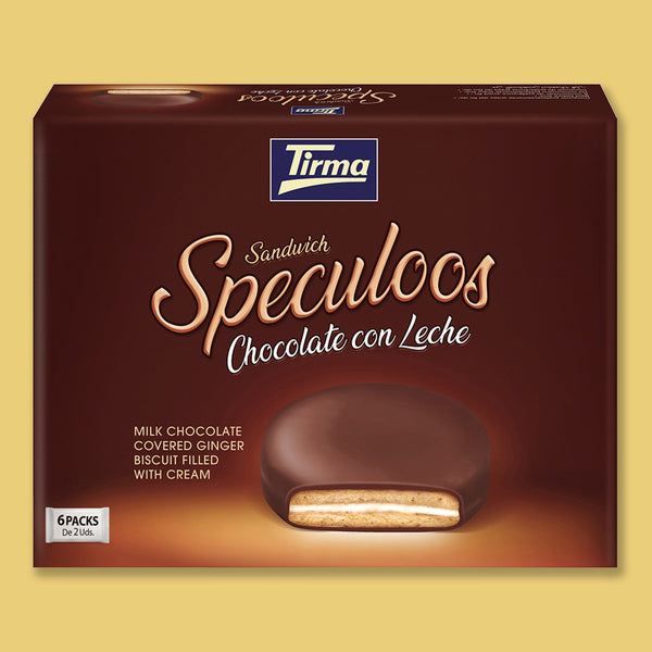 Tirma Milk Chocolate & Ginger Biscuit Sandwich 240 g in a yellow background. Spanish biscuits made in Spain.