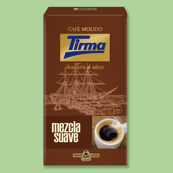 Tirma Soft Ground Blend Coffee in a mint green background. Spanish Coffee made in Spain.