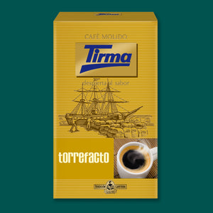 Tirma Torrefacto Coffee, 250g against a green background. Spanish coffe made in Spain.